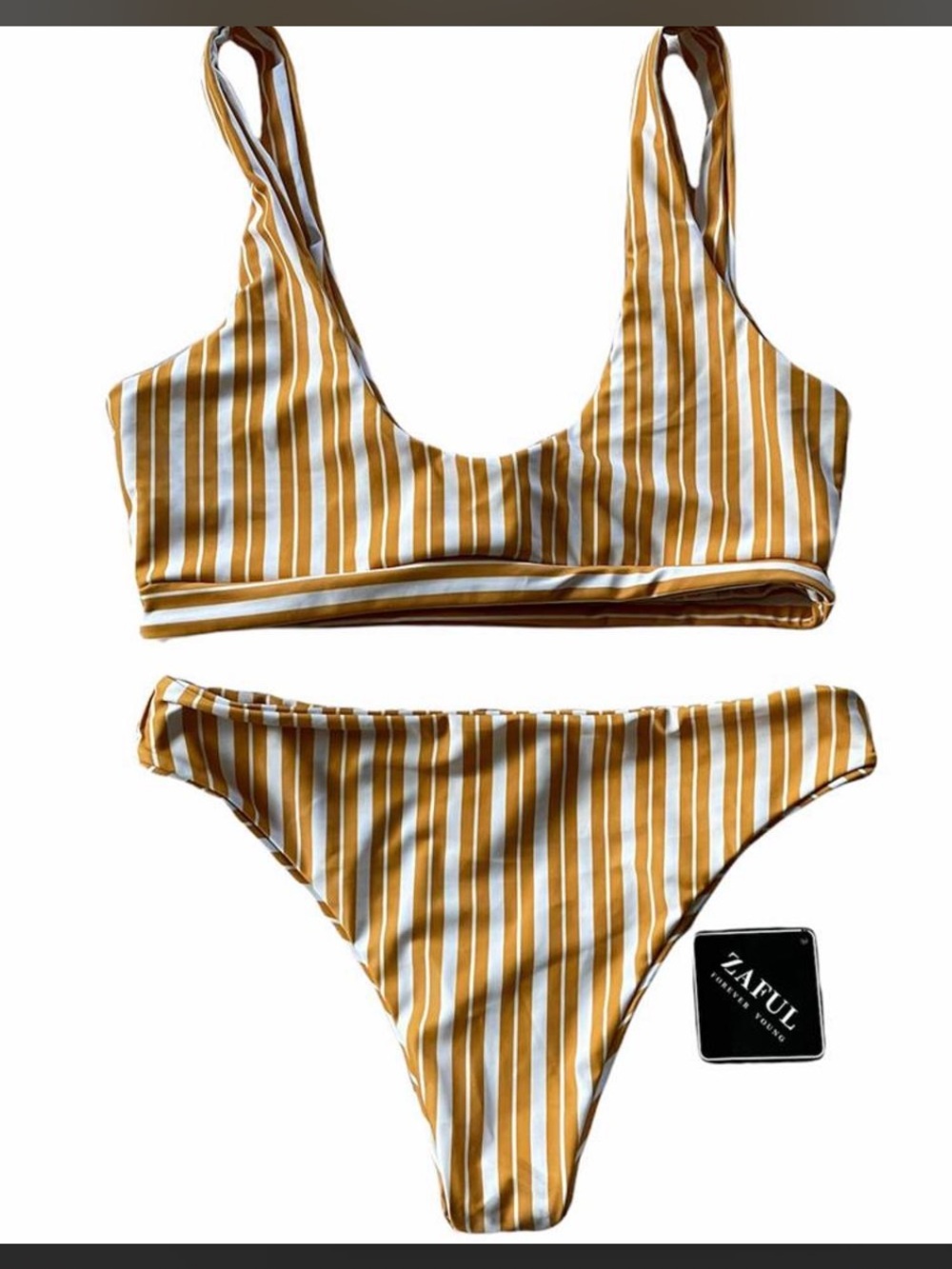 Zaful Mustard and White Striped Bikini Set